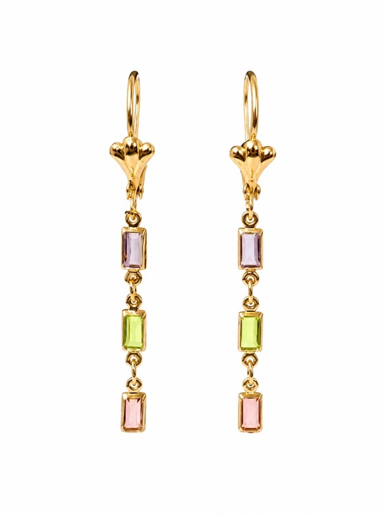 Jewelry - Gold Drop Earrings with Pink and Green Stones - Women Jewelry